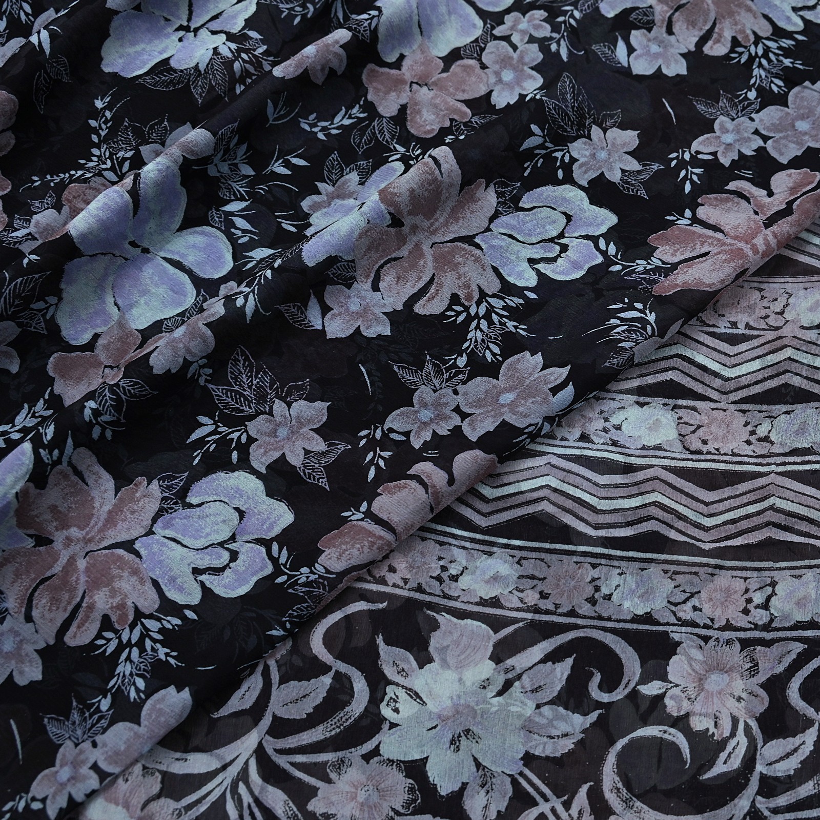 Vintage Saree Black Pure Chiffon Silk Printed Sari Craft Fabric Sewing 5Yd Soft