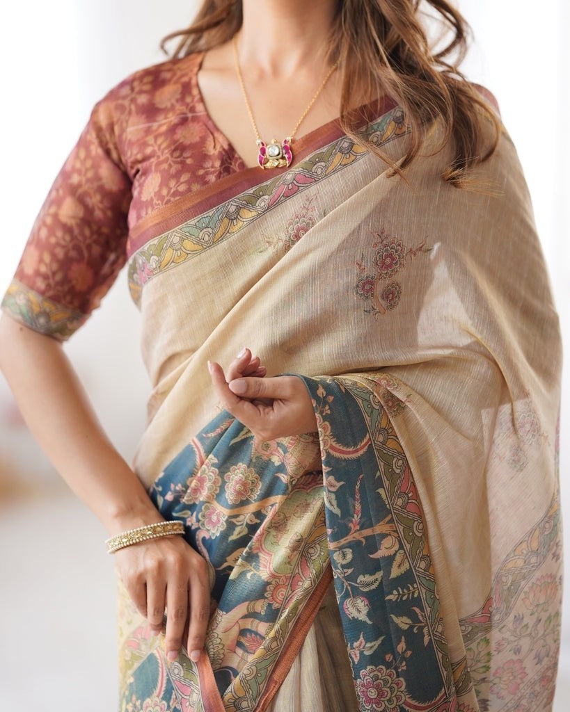 Linen Tissue Silk Saree Designer Party Wear Indian Sari Matching Blouse Piece