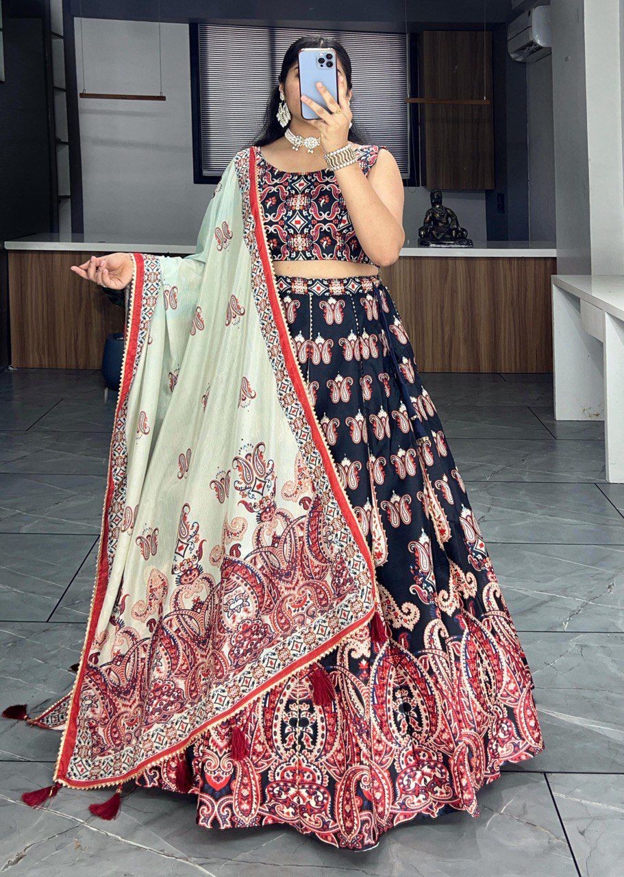 Art Silk Lehenga Choli Dupatta Set Printed Gota Patti Work Wedding Festive Wear