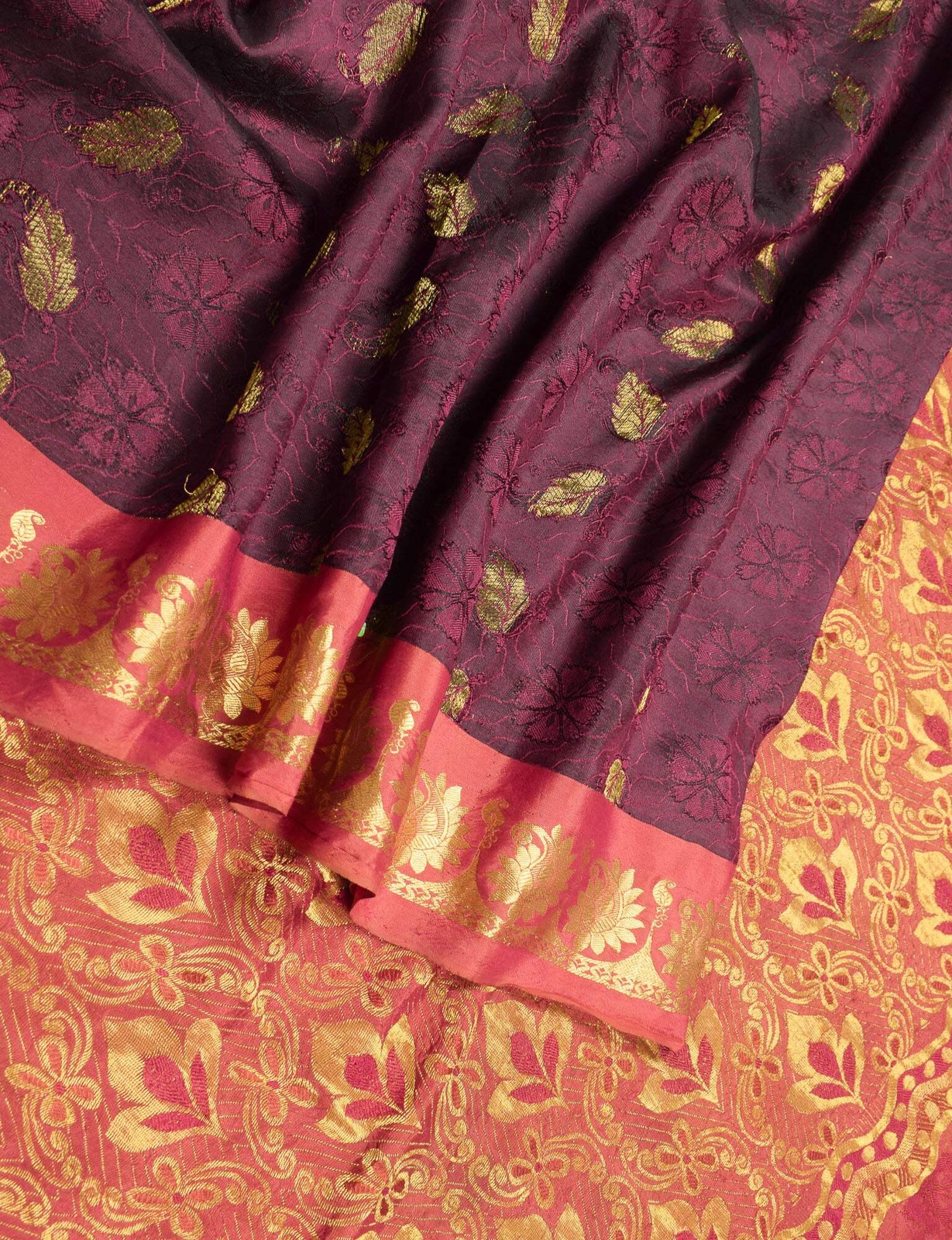 Sushila Vintage Pure Kanjivaram Silk Saree Woven Gold Zari Wine Sari Fabric