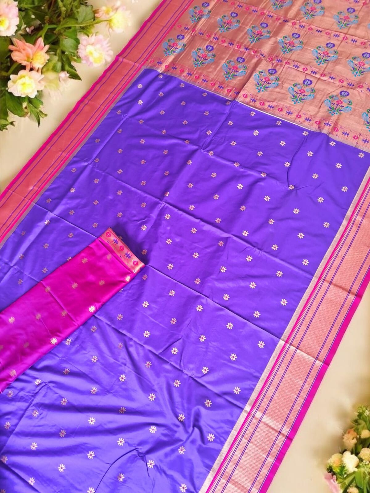 Soft Indian Paithani Silk Zari Meenakari Weaving Saree,Rich Pallu Contrast Saree