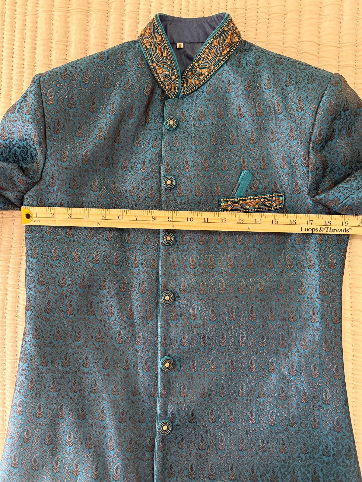 Men’s Kurta – 38R Vibrant Gorgeous Beaded Teal Formal Wedding Coat
