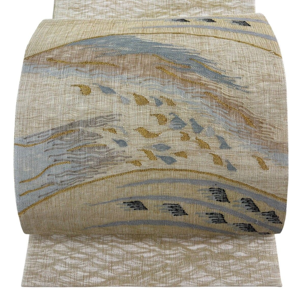 Fukuro Obi Otaiko Pattern Geometric Gold Silver Thread Wave Beige Silk 444cm