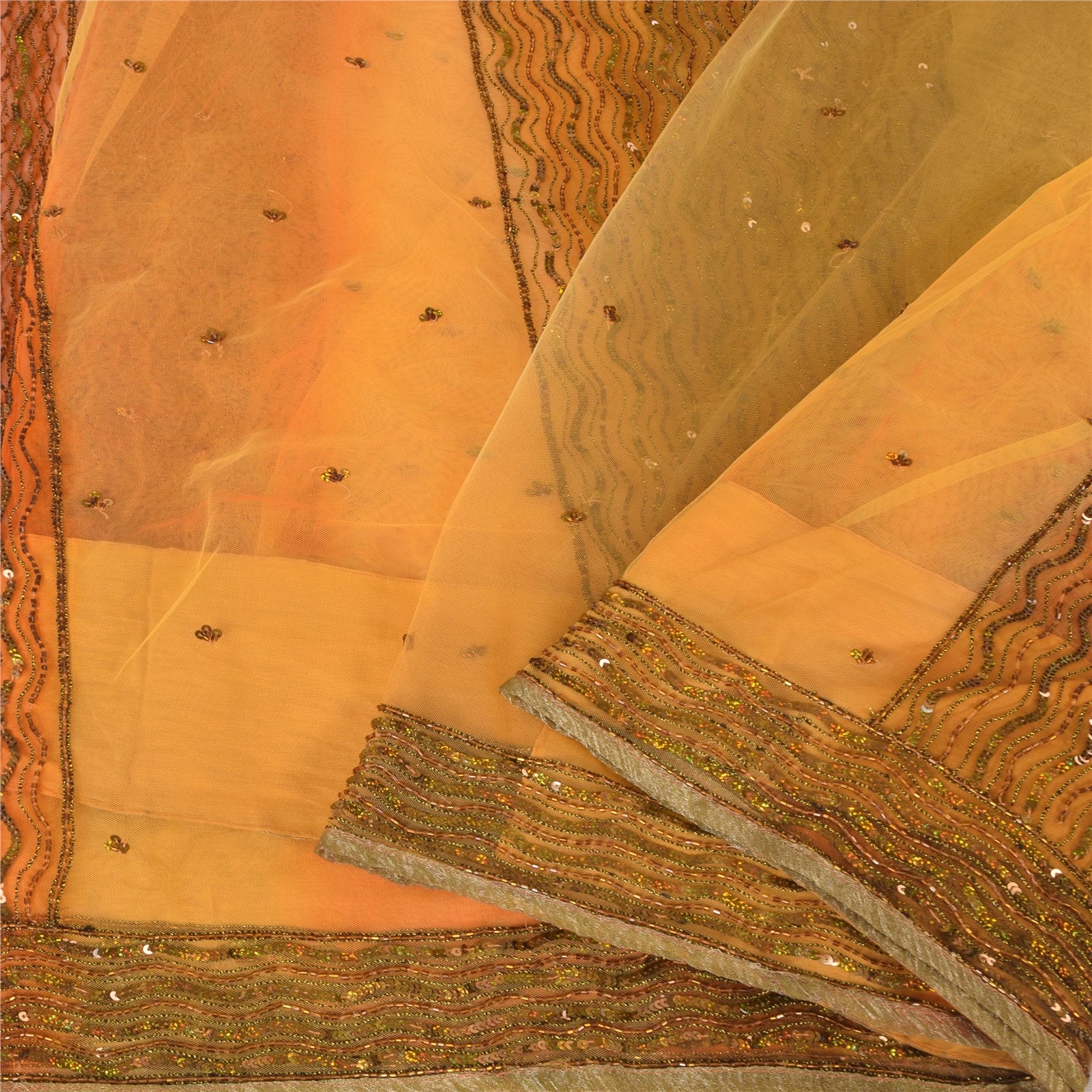 Sanskriti Vintage Yellow/Orange Sarees Net Mesh Hand Beaded Ethnic Sari Fabric