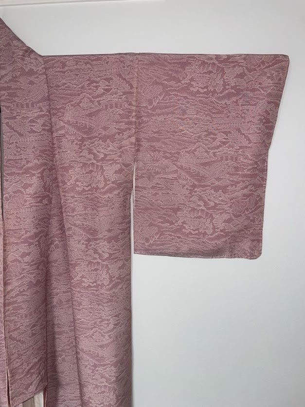 Japanese Kimono Edo Komon Pure Silk Pink Landscape Scenic Vintage Excellent XS
