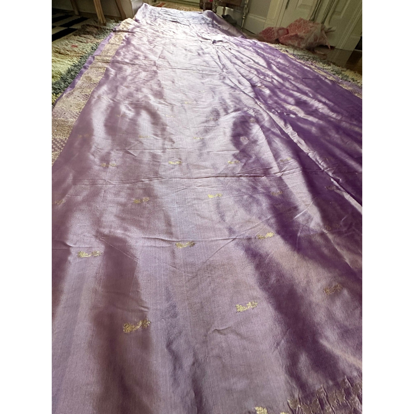 Silk saree lavender gold Paisley brocade 204×46” sari stunning luxurious