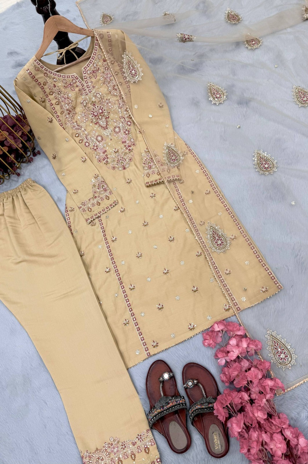 Stunning Look Roman Silk Cream Salwar Kameez With Dupatta For Ethnic Wear