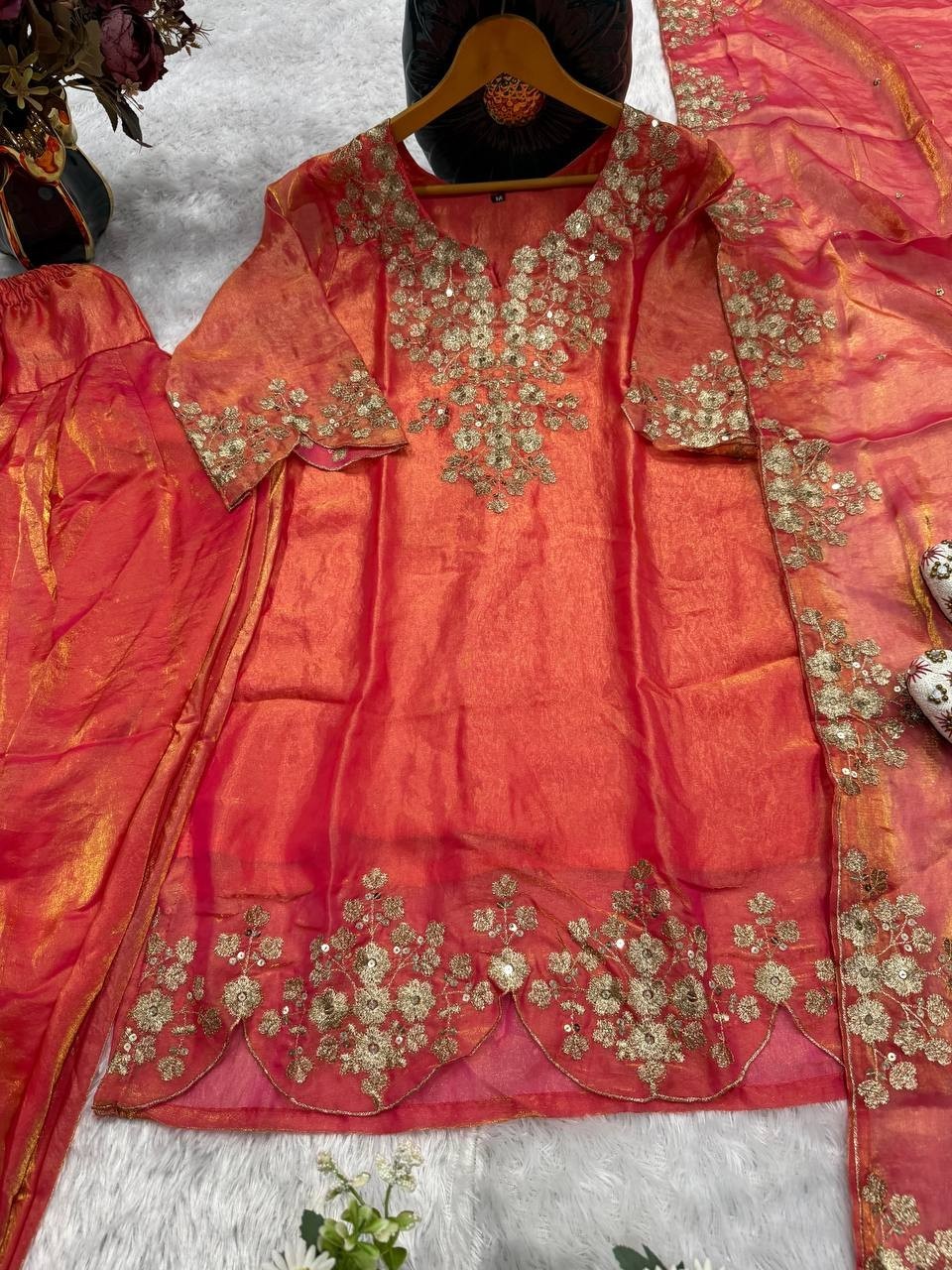 Presenting New Heavy Satin Orange Top Bottom With Dupatta For Wedding Wear