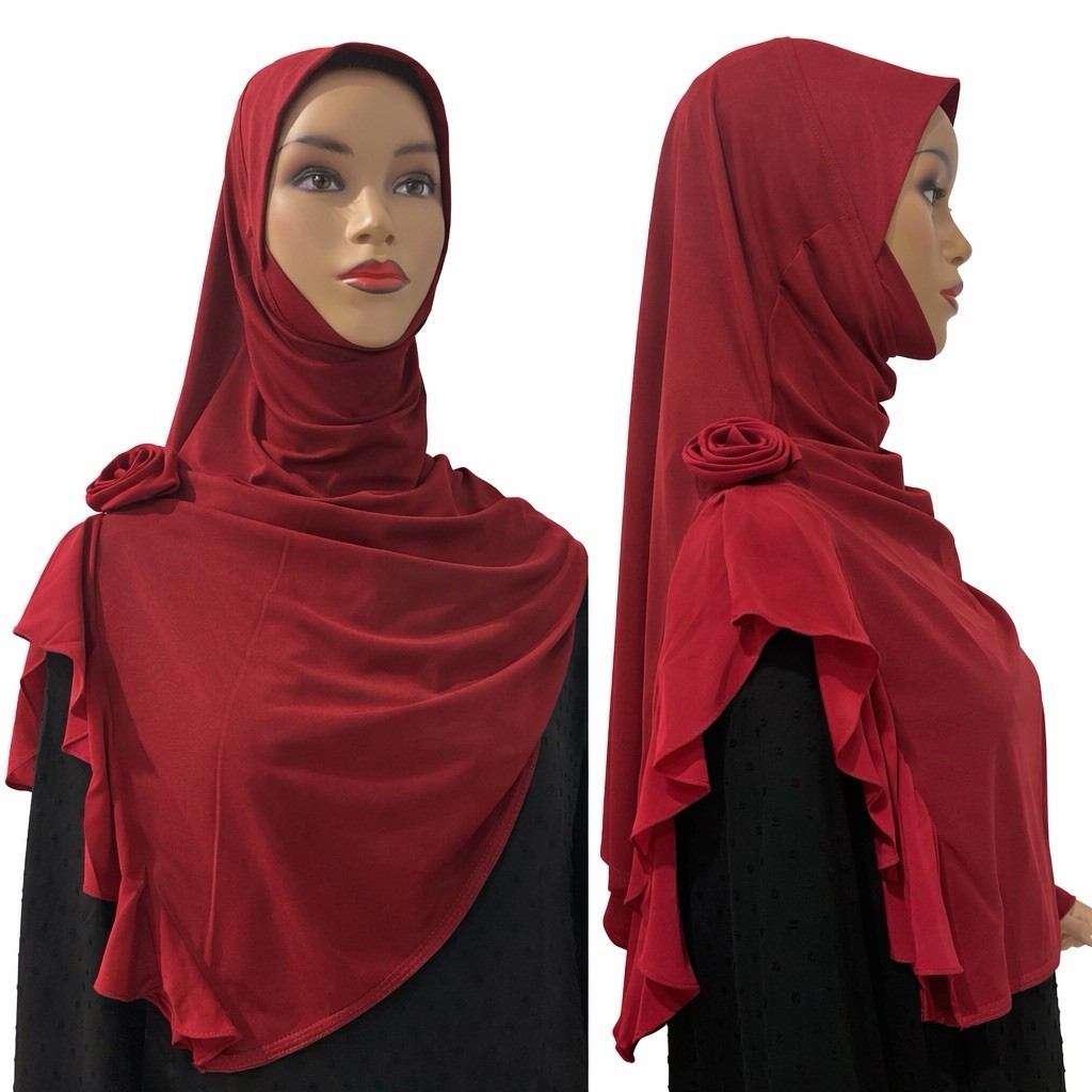 3D Rosette Grace jersey Instant Hijab chiffon shoulder free size