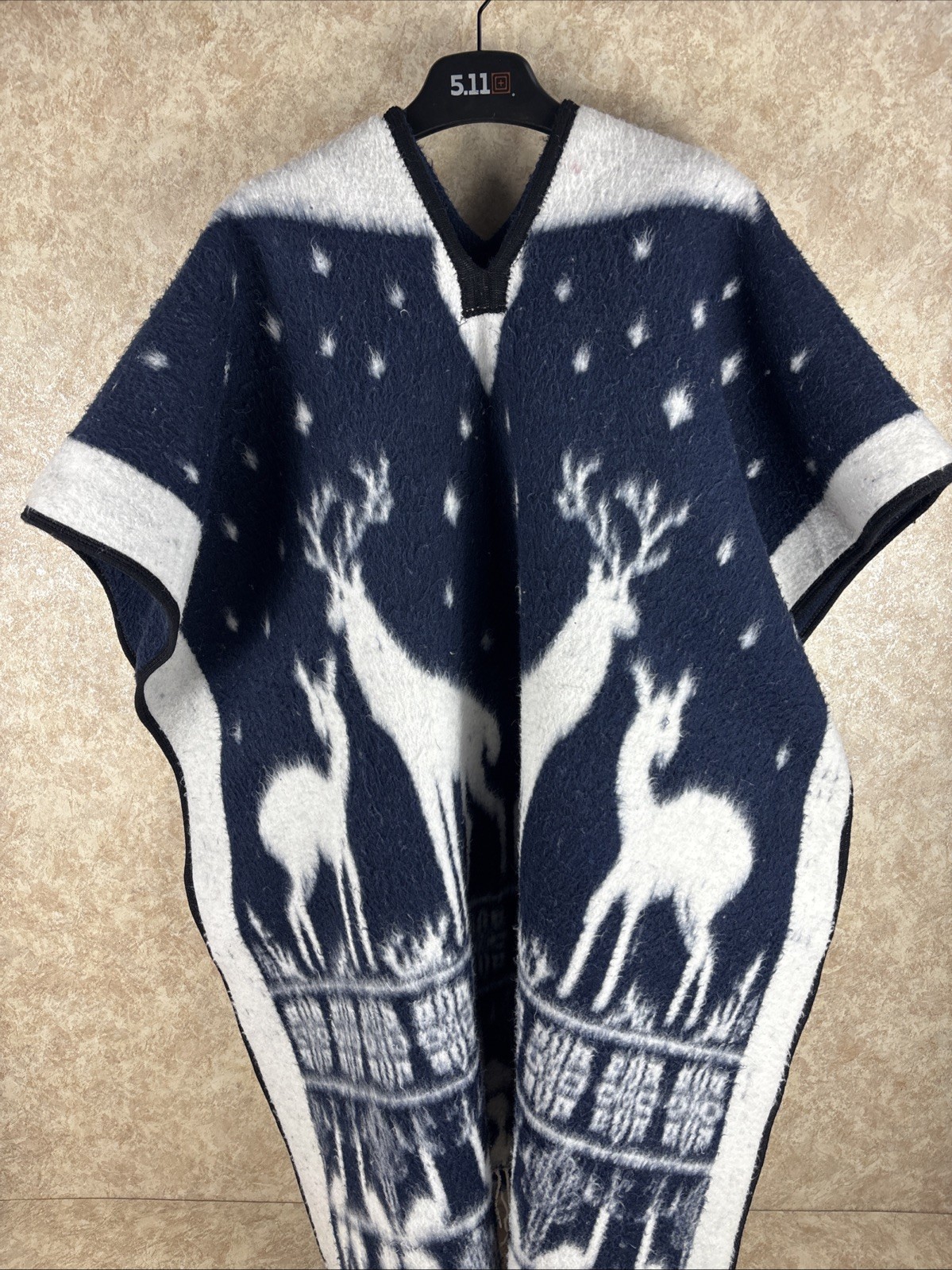 Vintage Mexican Poncho Blanket Reversible 70s Deer Blue w/ White Fringe