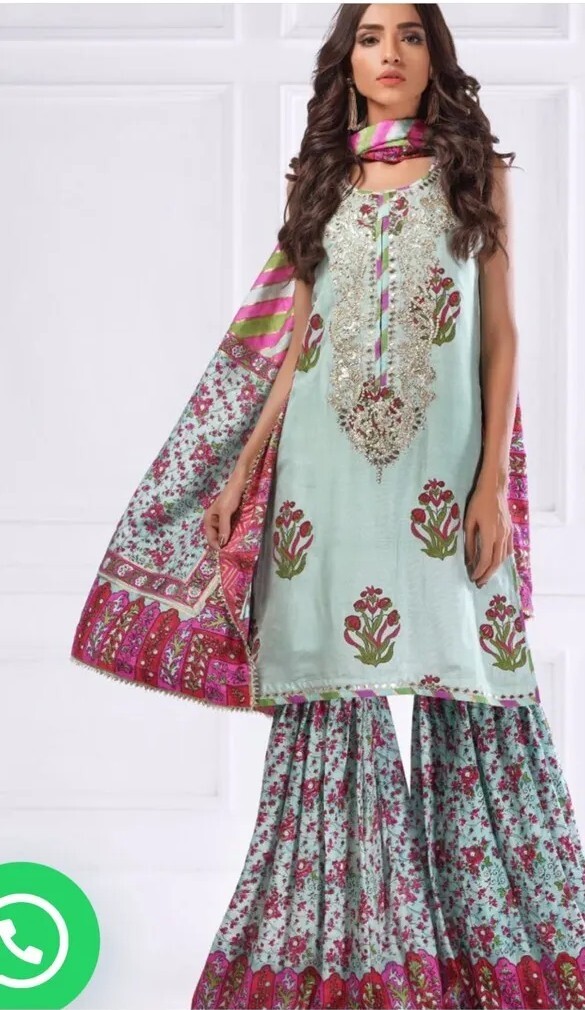 Shehrnaz Gharara Set Sea Green Block Printed With Dupatta Shalwar Kameez