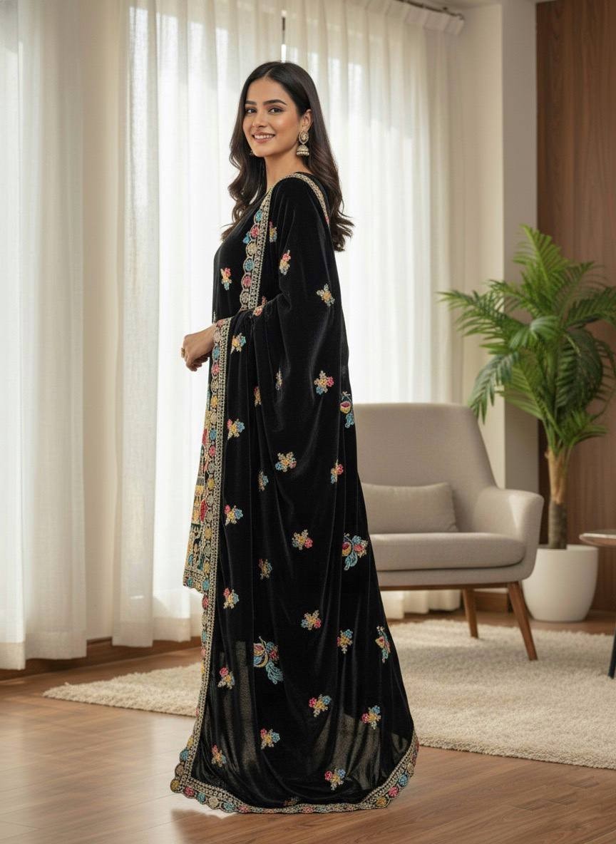 Stylish Black Velvet Readymade Salwar Suits For Women Indian Wedding Party Dress