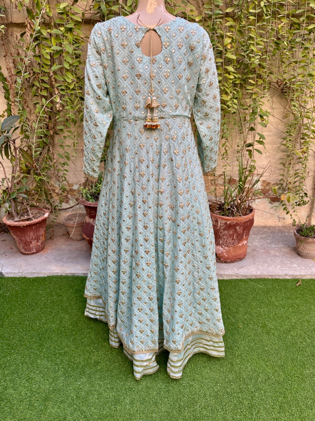Pakistani Sky Blue double Long Maxi Style Embroidered Sequins Chiffon Dress,XL