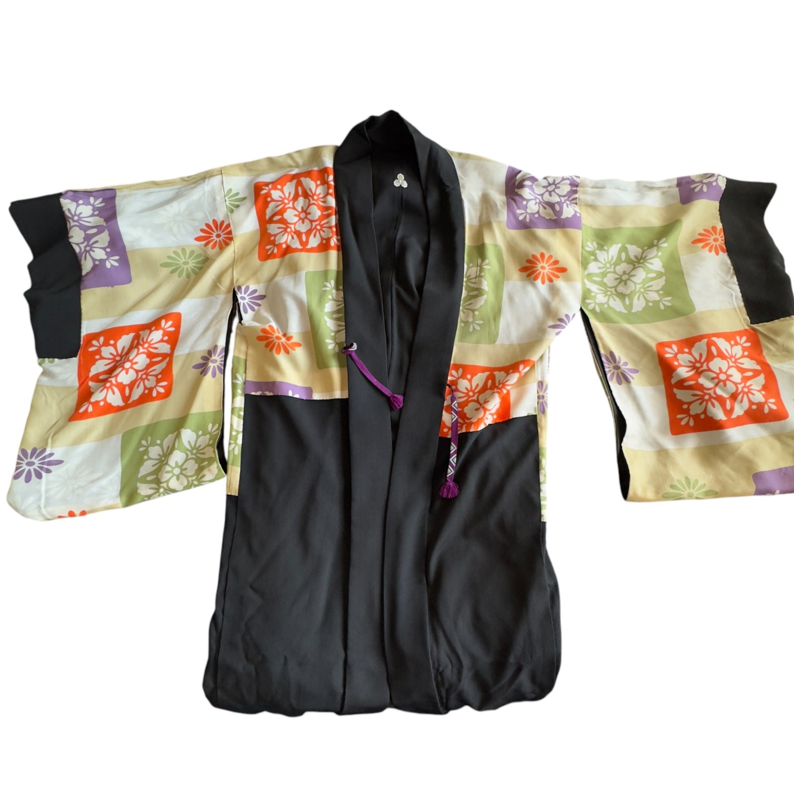 Vintage Reversible Japanese Kimono Silk Floral Print Hand Stitched Haori Nukui