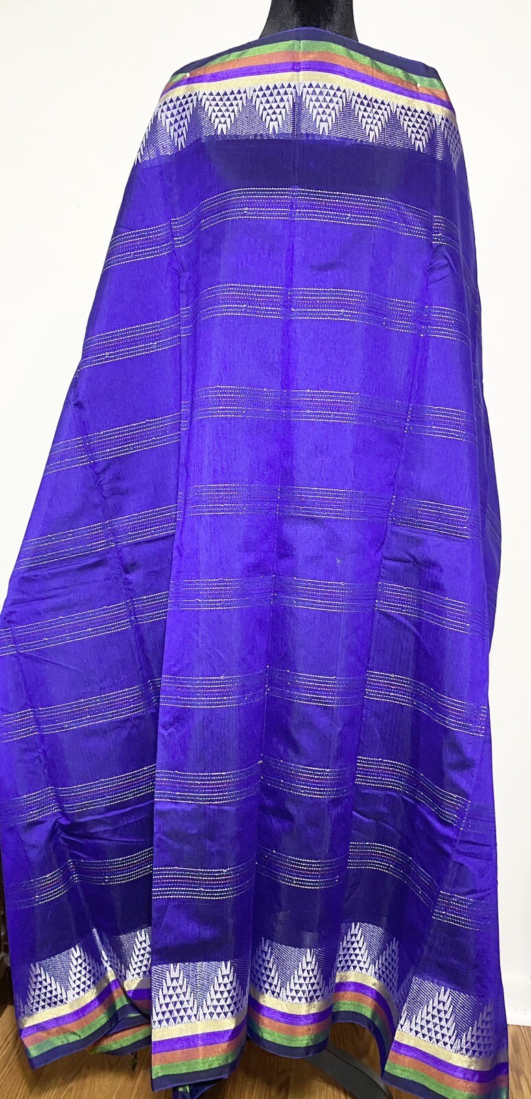 Indian Multicolored Handwoven Saree With Zari Border Silver Zari Kanchi Border