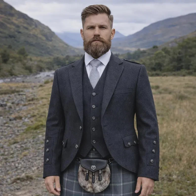 Charcoal Argyle Jacket & Vest Scottish Highland Formal Kilt Outfit