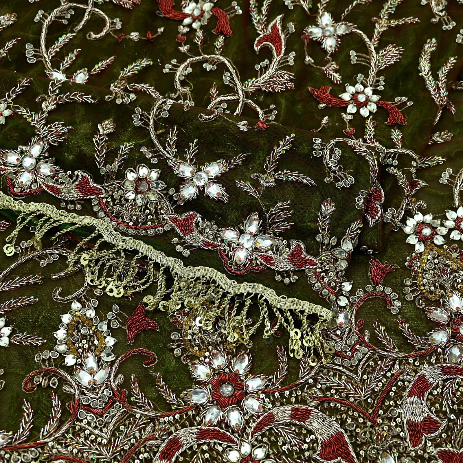 Vintage Heavy Green & Maroon Dupatta Net Mesh Long Stole Hand Embroidered Veil