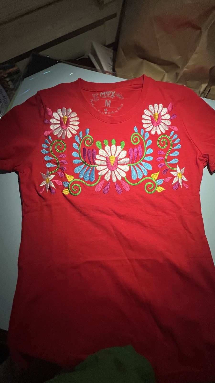 MOY artesanal Mexican Cotton Red Embroidered blouse Size M Women