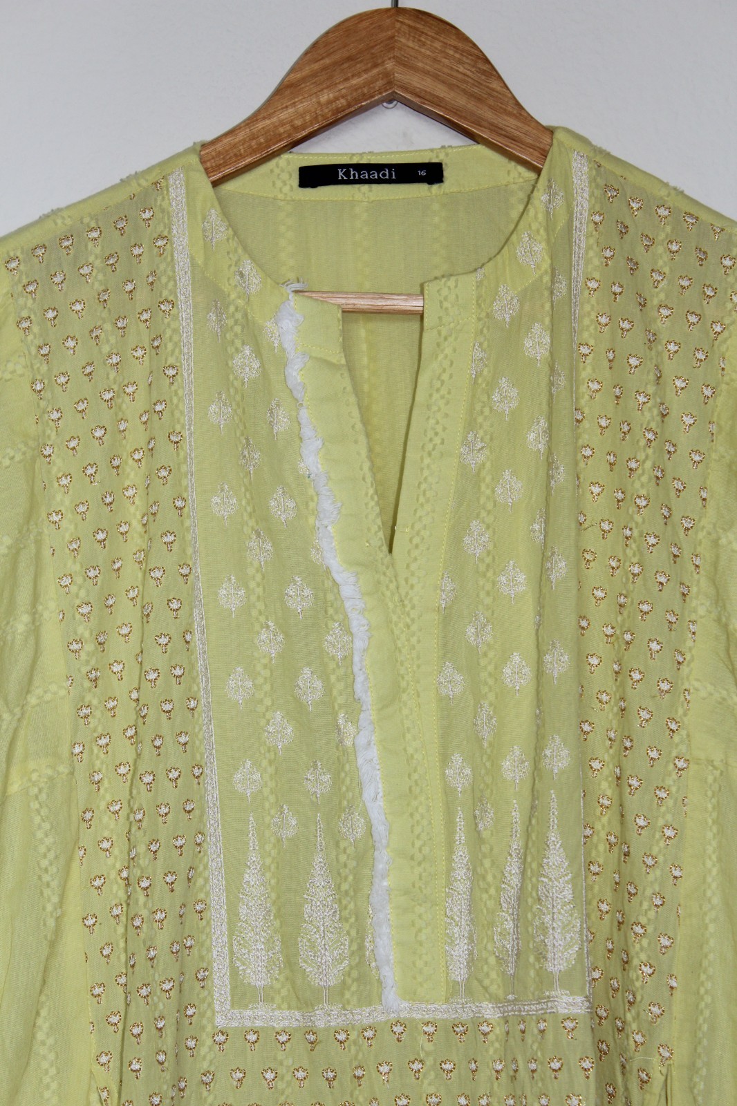 Khaadi Pakistani 100% Cotton Kurti Dress Womens 16 Yellow Lime Embroidered Tunic