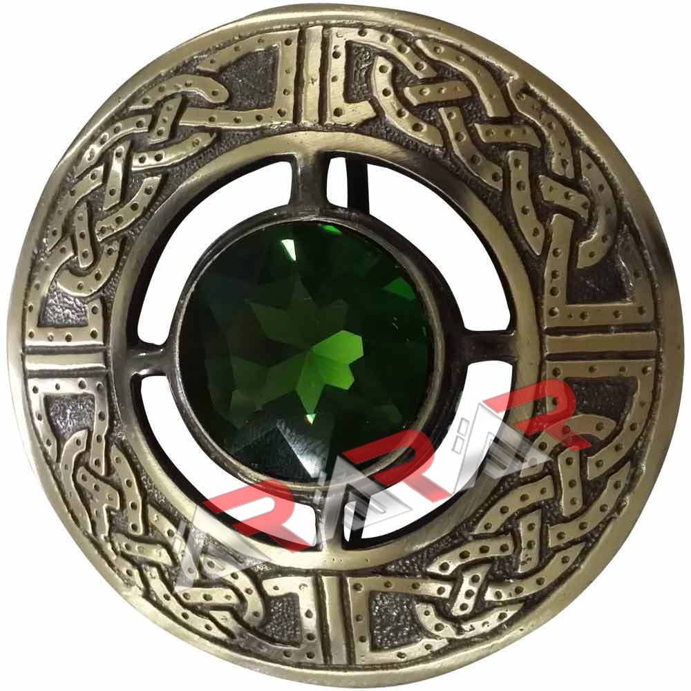 Celtic Kilt Fly Plaid Brooch Green Stone Antique Finish 3″/Highland Plaid Brooch
