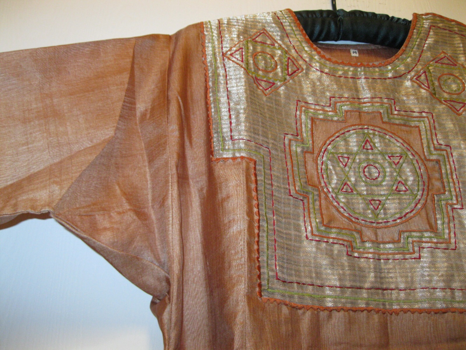 INDIA, SILK GARMENT SZ. M., MANGO COLORED W/ GOLD THREAD FRONT, 3/4 SLEEVES