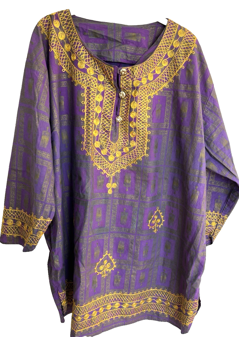 Indian Tunic Grey Purple Print Gold Trim Kurta Kurti Tunic Top READ