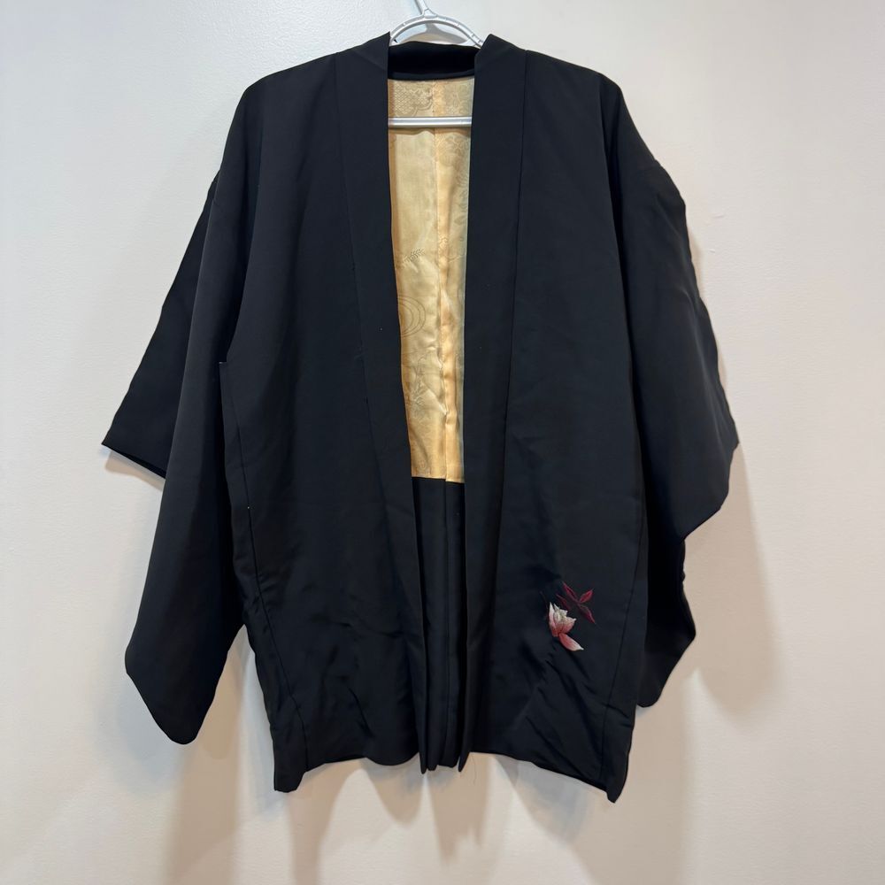 Haori Jacket Vintage 50s 80s Black Pink Floral Cherry Blossom Silk Kimona