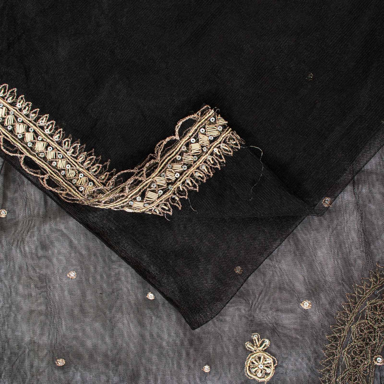 Sanskriti Vintage Black Net Mesh Saree Hand Embroidered Zardozi Dabka 6Yd Fabric