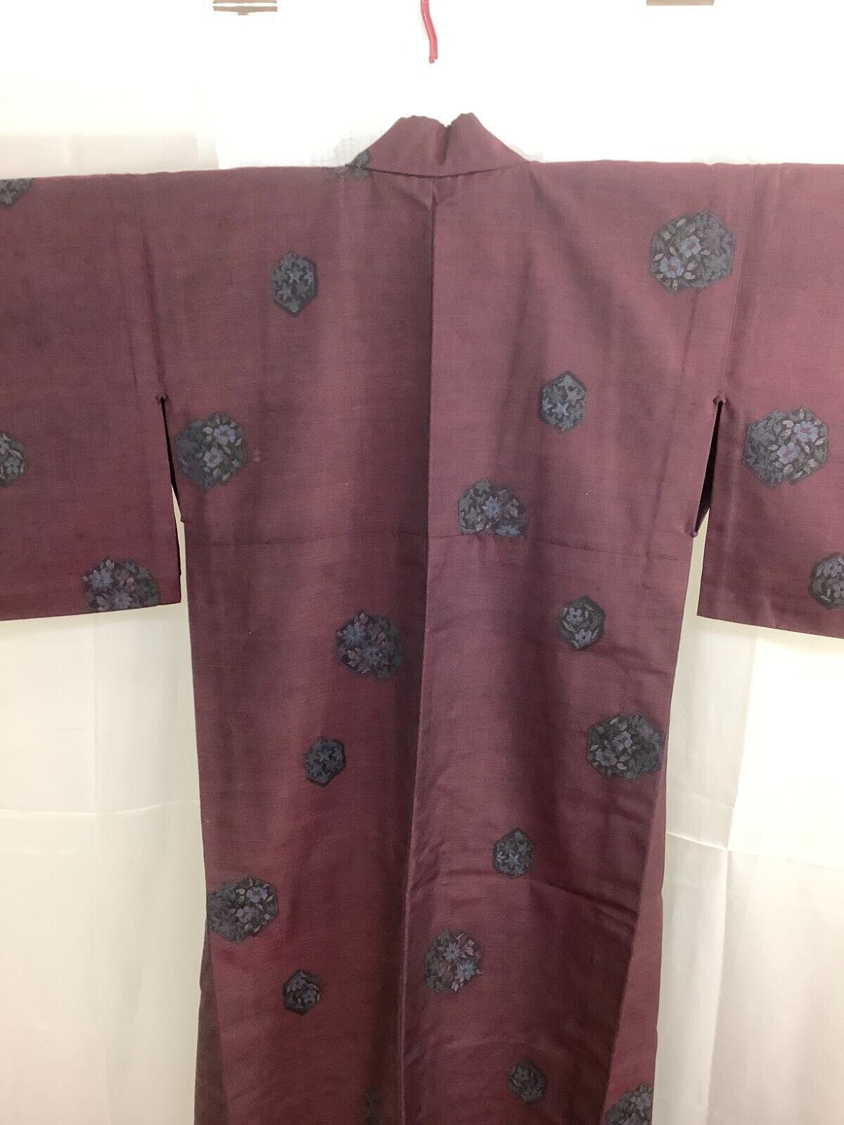 Japanese Vintage Kimono Silk Fabric Wine Red Oshima Expensive Flower 151cm