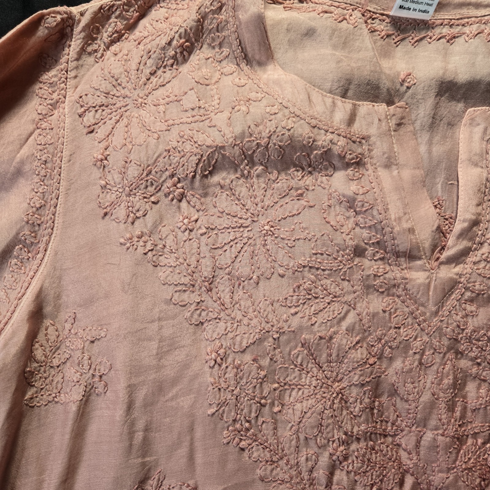 Embroidered Chikankari Chanderi Short Kurti Large (44) Dusty Rose silky soft