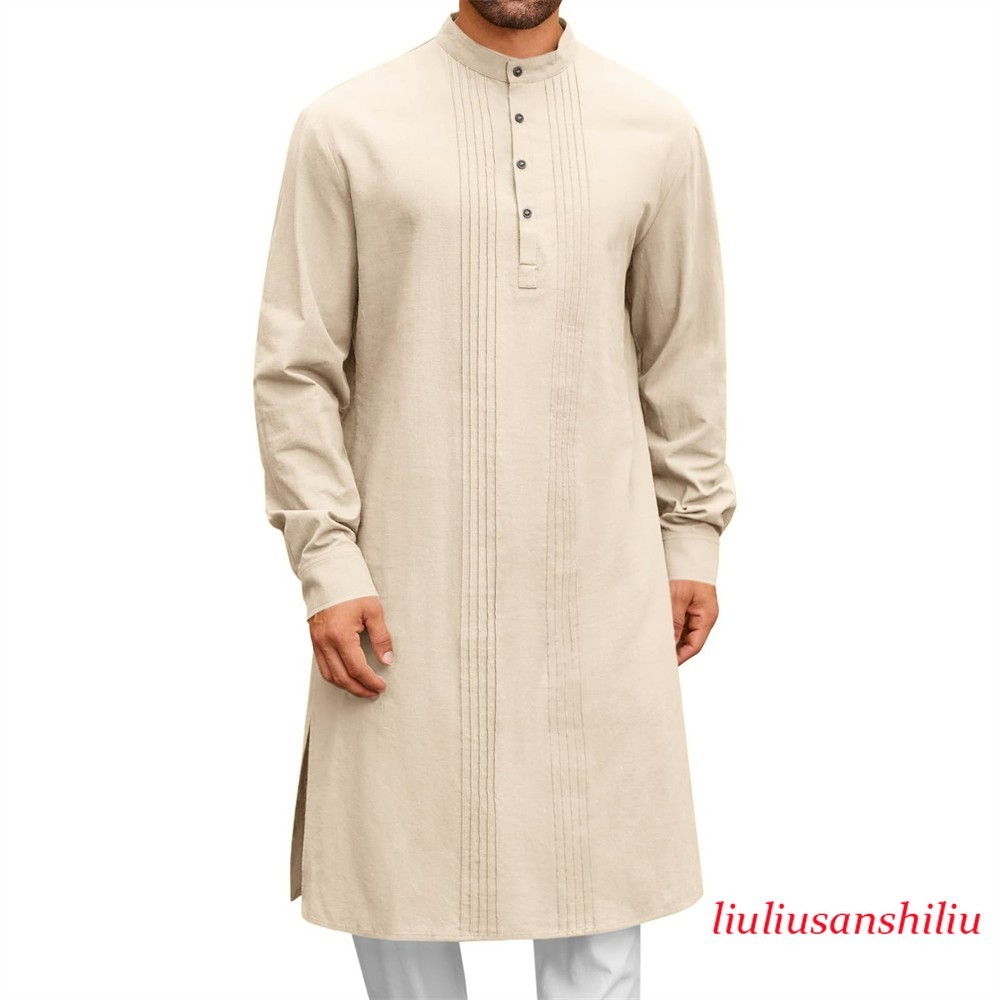 Men’s Middle Eastern Clothes Long Sleeve Muslim Islamic Kaftan Long Dress Robe
