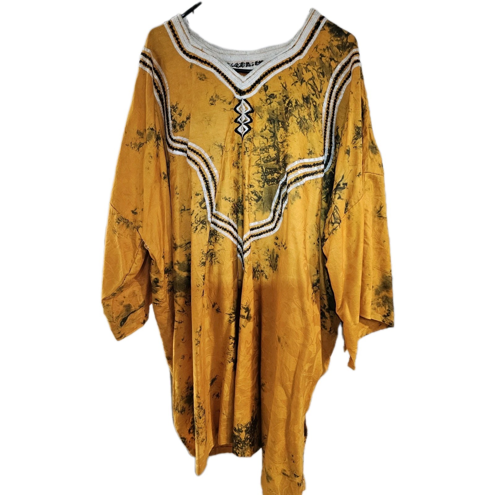 Handmade Dashiki Kaftan Embroidered Thick Cotton Dress Yellow Tie-Dye 1990s OSFA