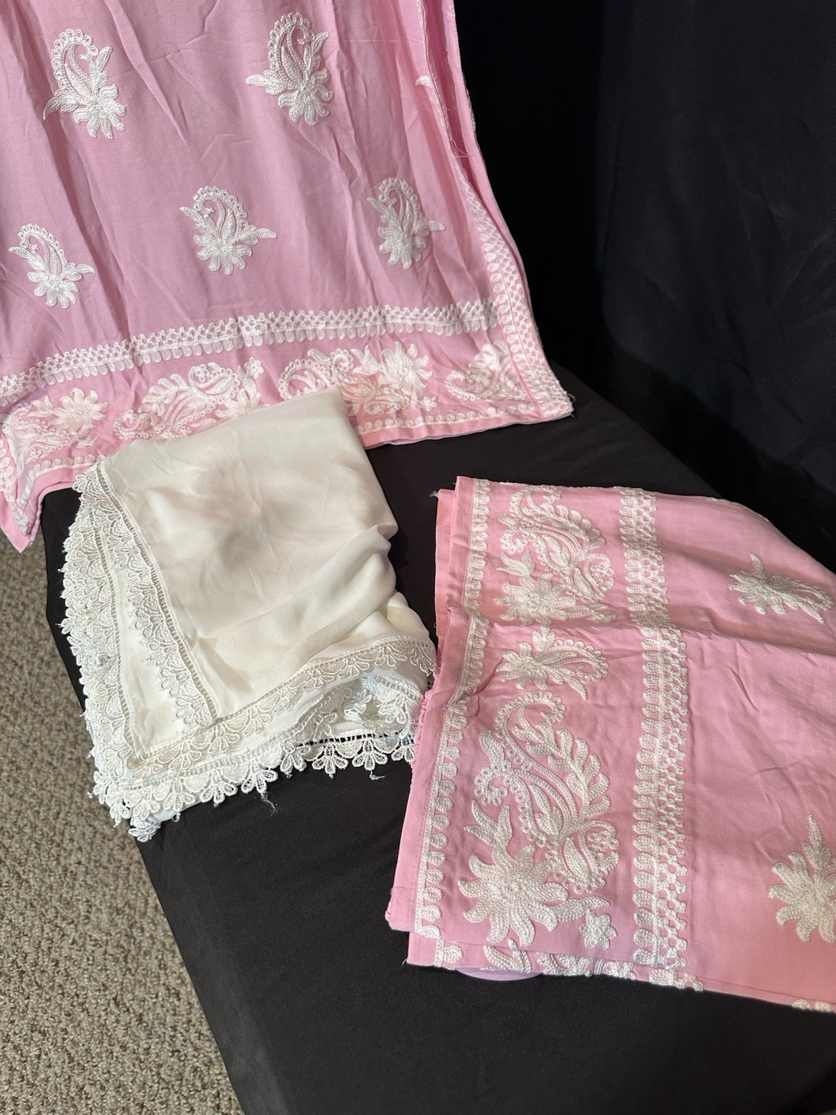 Beautiful soft linen Front & back emb-3 pc suit-emb plazo, laced dupatta-$44
