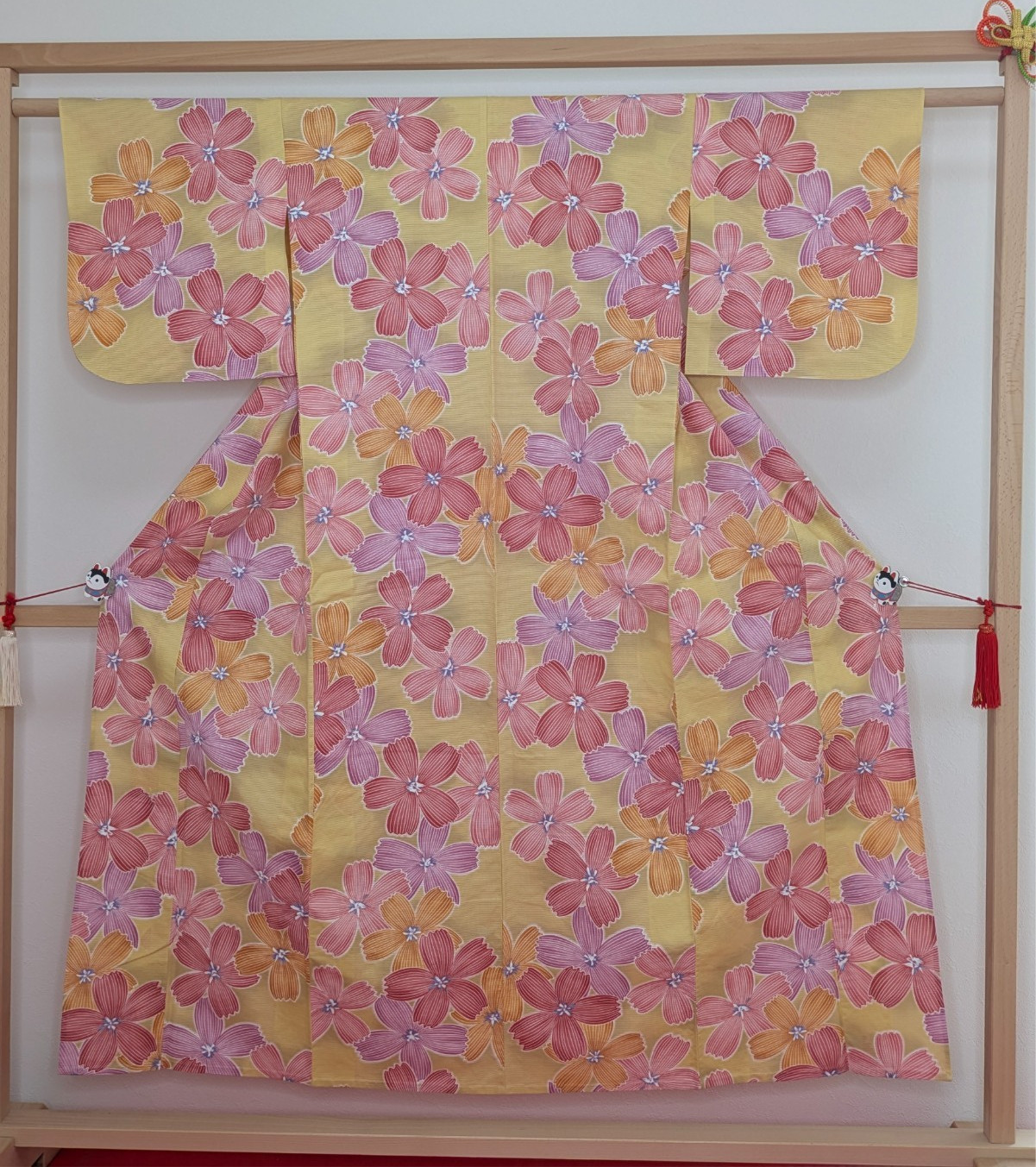 Japanese Kimono Cotton Ro Yukata Yellow Pink Red Flowers Summer Wear