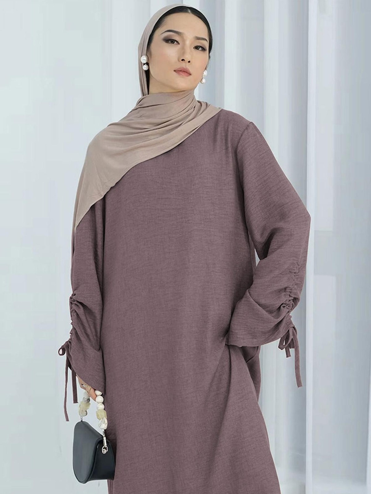 Eid Muslim Abaya Dress Lace Up Sleeve Modest Kaftan Robe for Ramadan Prayer