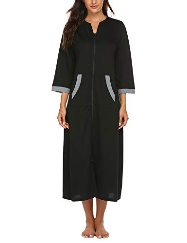 Women Zipper Robe 3/4 Sleeves Loungewear Dress Full Length Large Style 1-black
