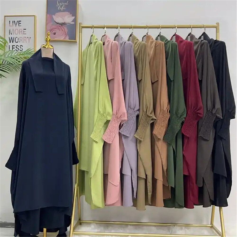2pcs Set Abaya Women Muslim Prayer Tops Wide Leg Pant Prayer Khimar Islamic Arab