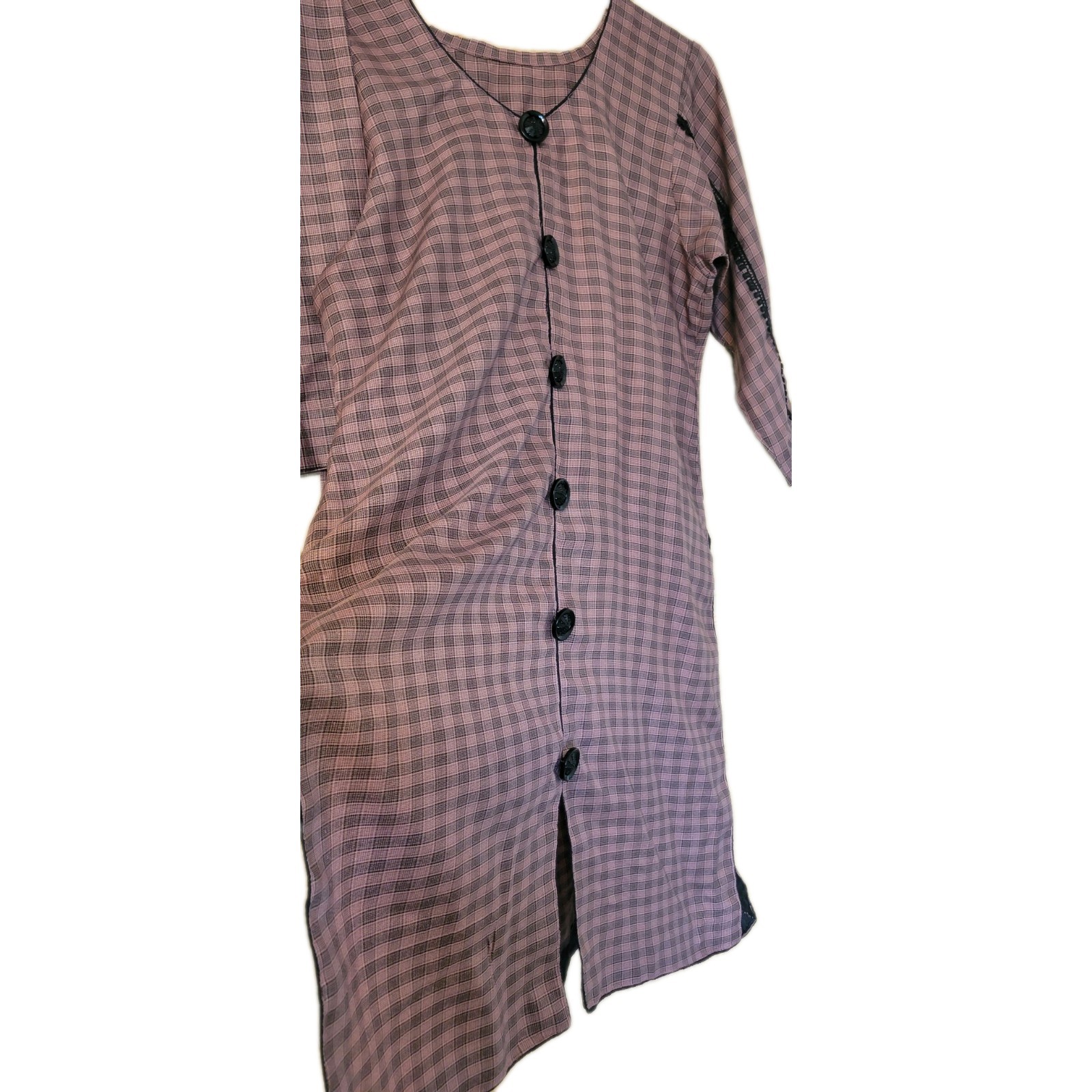 Pakistani Ethnic Check Button Down Kurta Trousers Set Women’s Size L/Xl Tea Pink