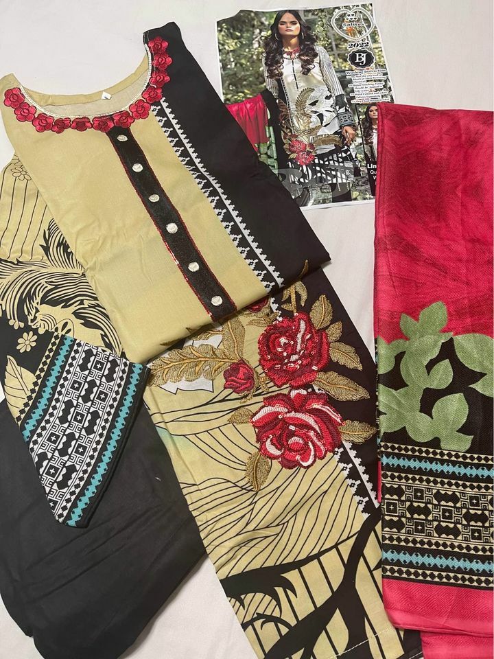 Brand new 3pcs LINEN full SEQUINS embroidered shirt duppatta TROUSER size -L 46