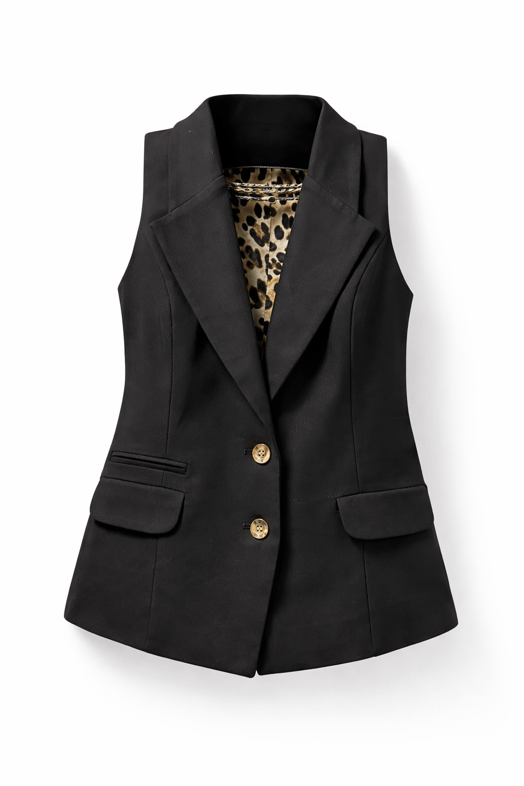 Cache Womens Large Black Tailored Vest Gold Button Leopard Lining Y2K Career Chi
