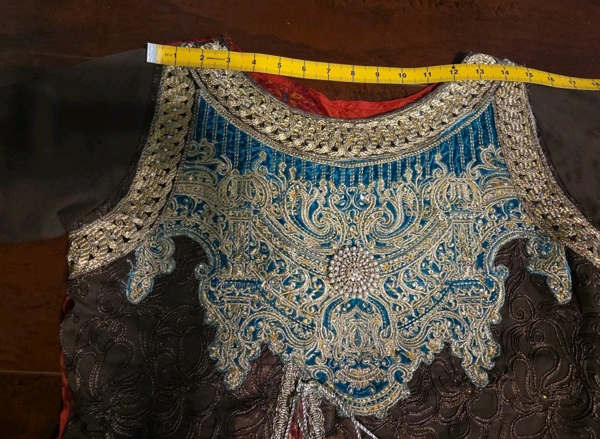 Womens Pakistani Long Embroidered Shirt Brown Green Red Banarsi Golden Tussle