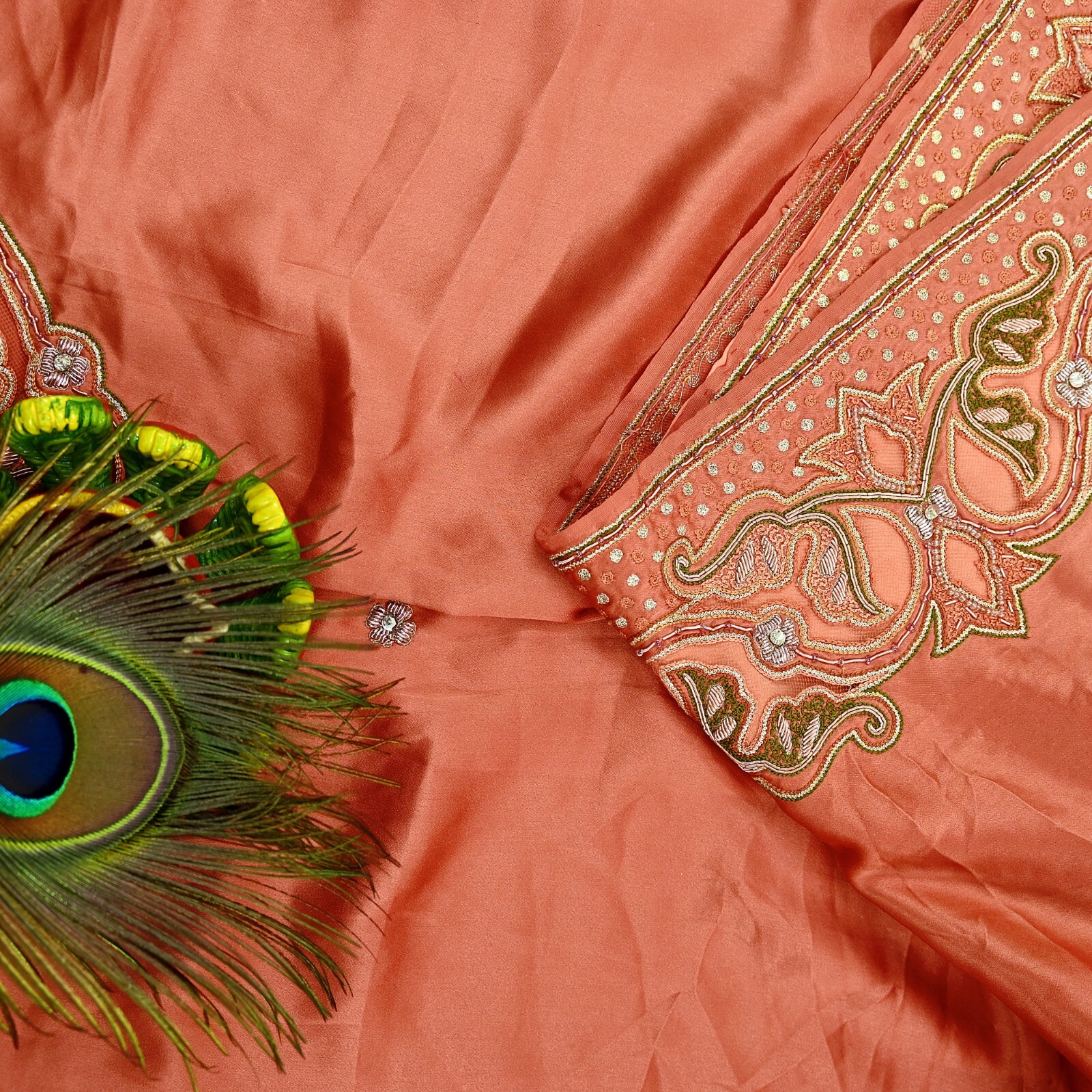 Vintage Heavy Peach Sari Hand Embroidered Saree Pure Satin Silk 5yd Ethnic Dabka