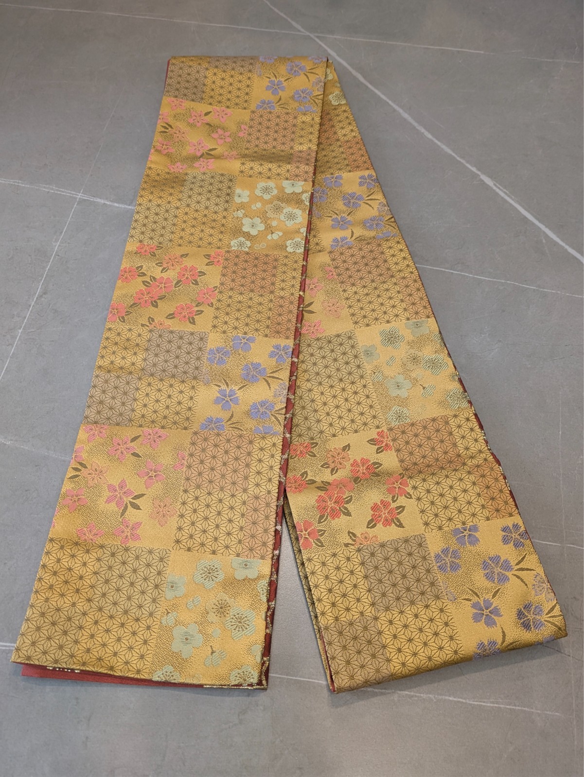 Japanese Kimono Half Obi Gold Red Reversible Floral Geometric Washable Material