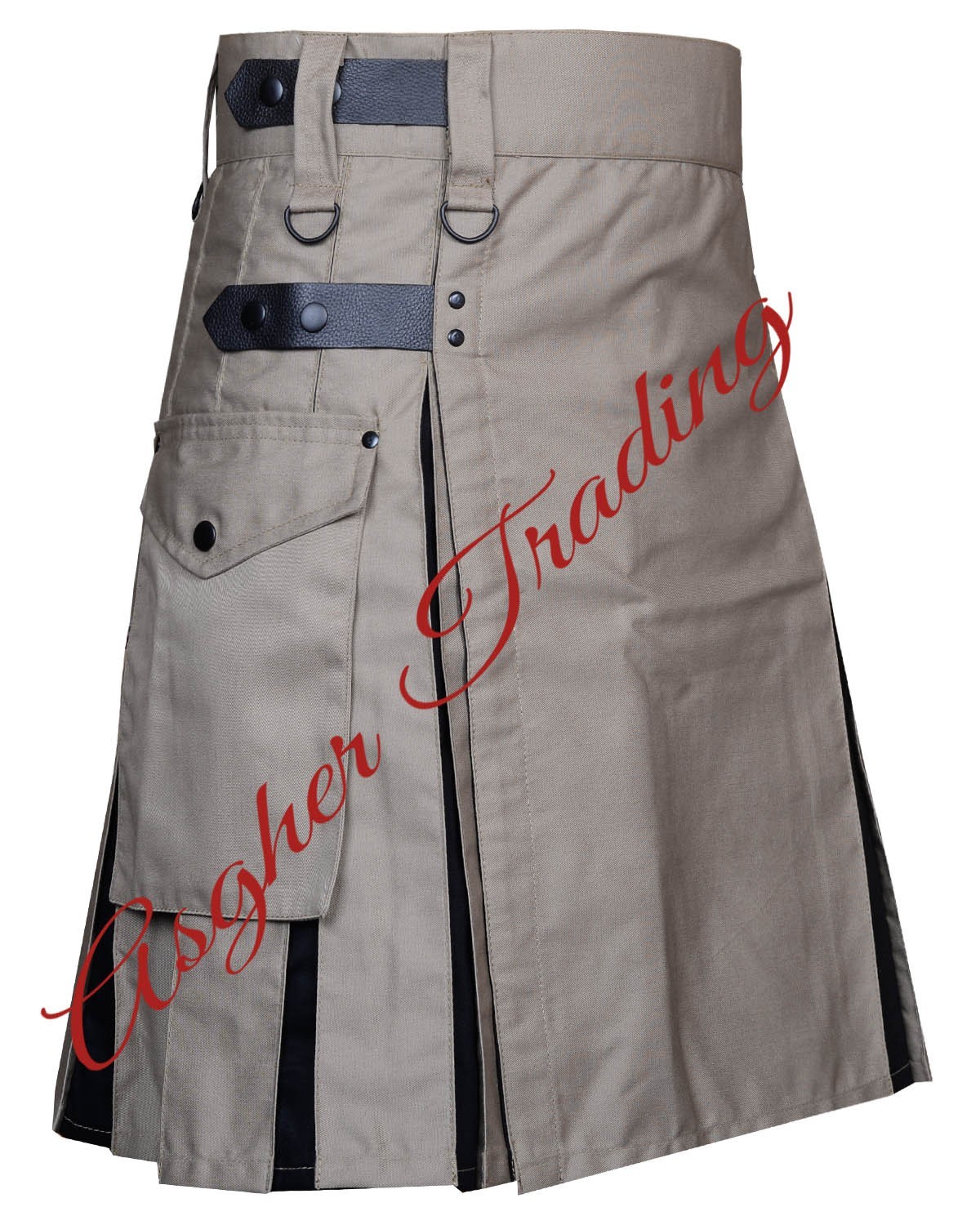 Handmade Khaki With Black Cotton Hybrid Utility Kilt For Men’s Custom Size Kilts