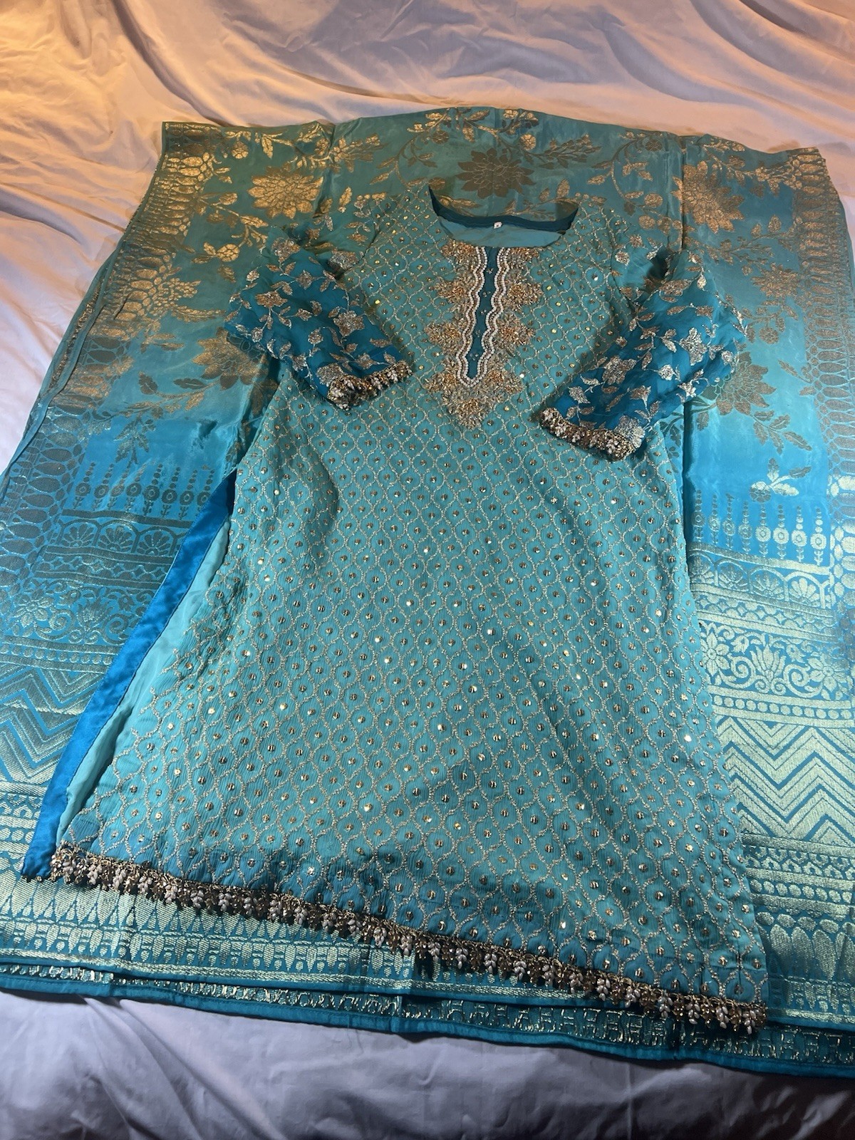 Women Tunic Kurti M Indian Pakistani Salwar Kameez Pearl Top & Wrap Turquoise
