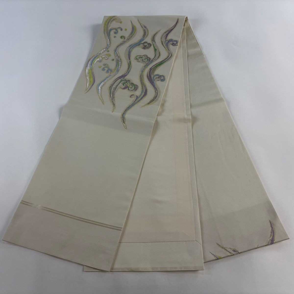 Open Nagoya Obi Silver Thread Foil Wave Beige Silk 362cm Finished Japanese