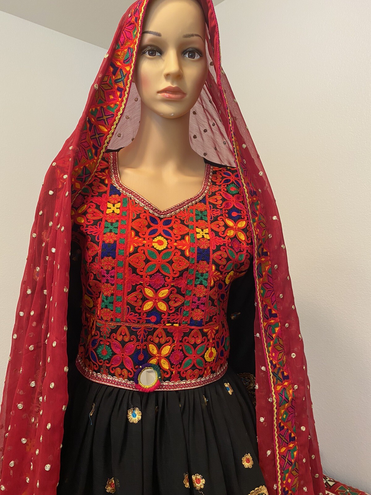 Afghan Black Dress With Red Pant And Red Scarf Large Size