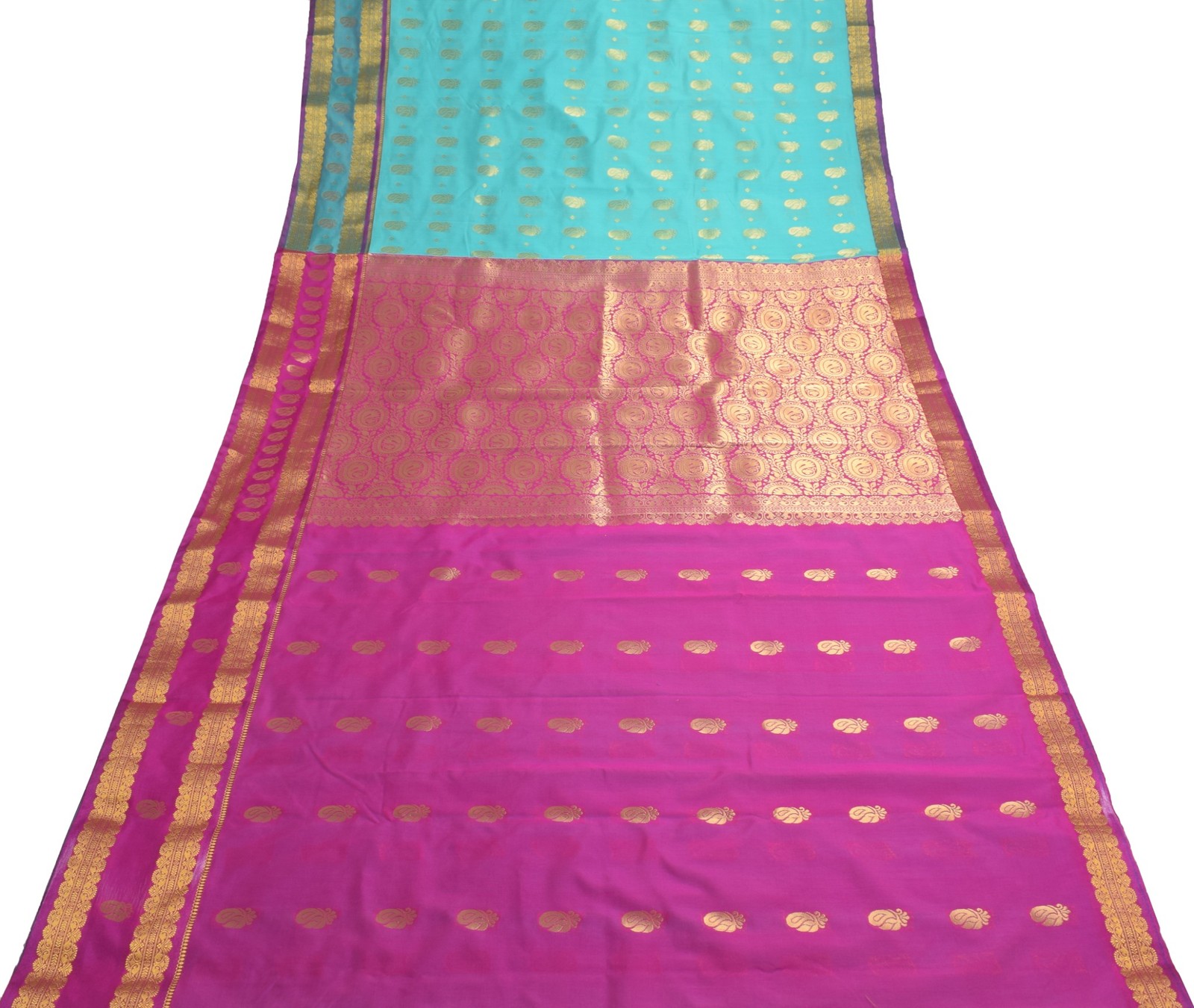 Indian Aqua Green Banarasi Sari Art Cotton Saree Blouse Fabric Gold Zari Woven