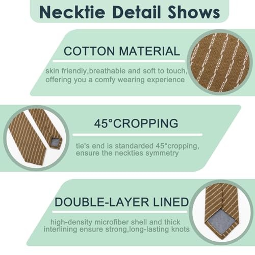 Skinny Ties for Men,Cotton Linen Neck Tie for Daily Brown Striped Tie