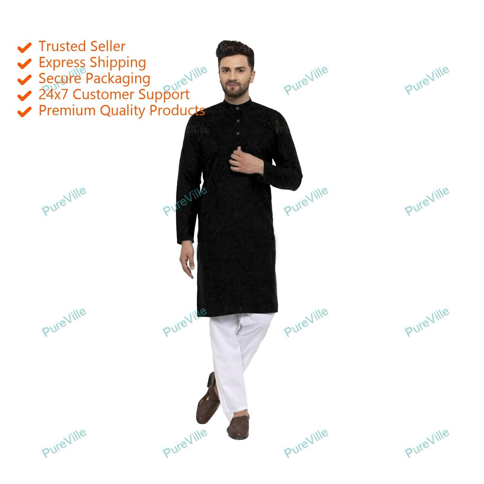 Indian Traditional Mens Wear Cotton Kurta Color Black Mens Designer Kurta